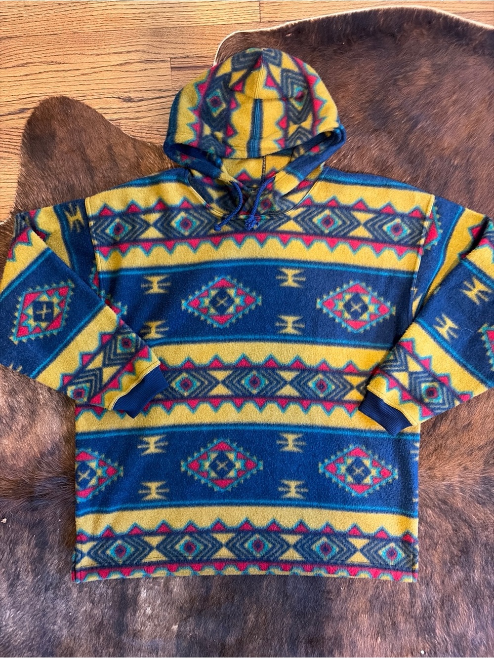 Vintage Bugle Boy Hoodie Fleece Southwestern Sweatshirt L Aztec Grunge Skater